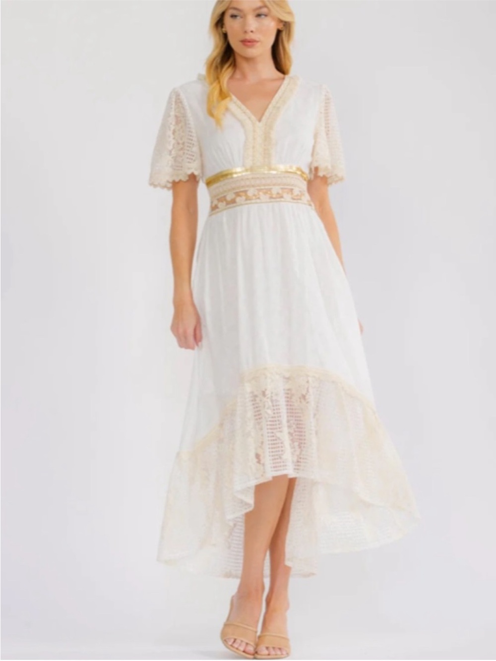 NWT: V-Neckline White Gold Crochet Embroidered High Low Maxi Dress• Medium
